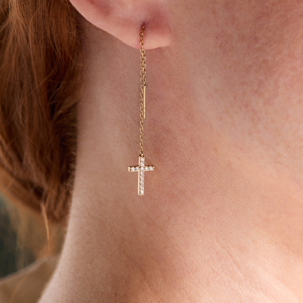 Cross Delicate Pave Crystal Threader Earrings