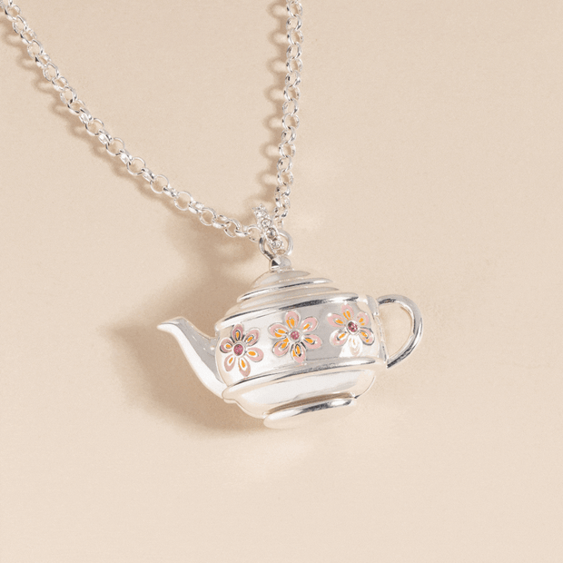 Floral Teapot Locket Pendant Necklace