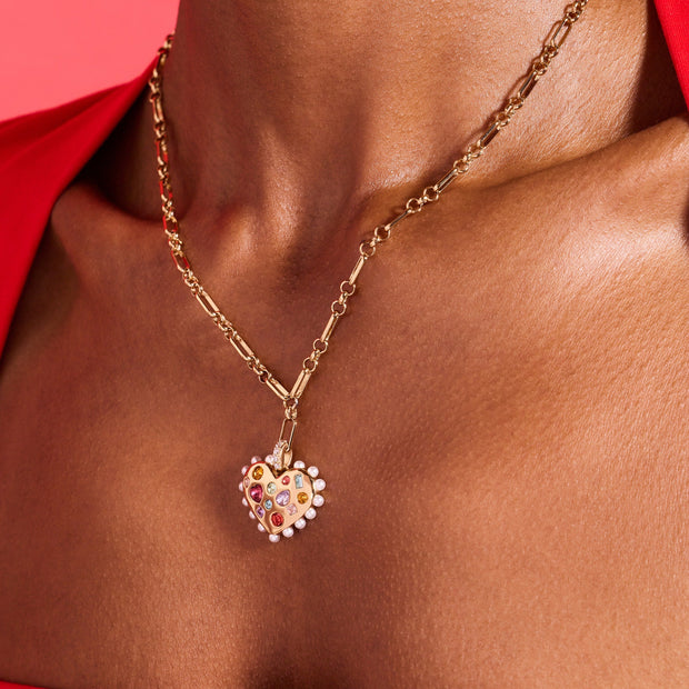 Puffy Heart Gemstone And Pearl Pendant Necklace