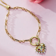 Puffy Heart Gemstone And Pearl Chain Bolo Bracelet