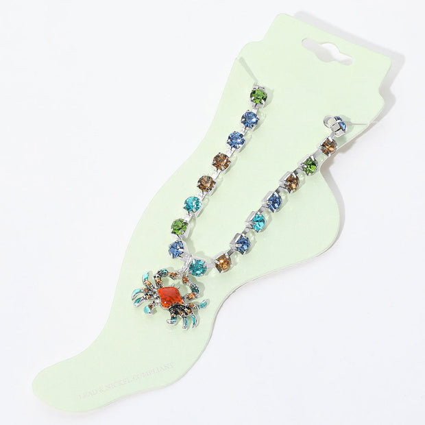 Enamel Crab Charm Round Stone Anklet