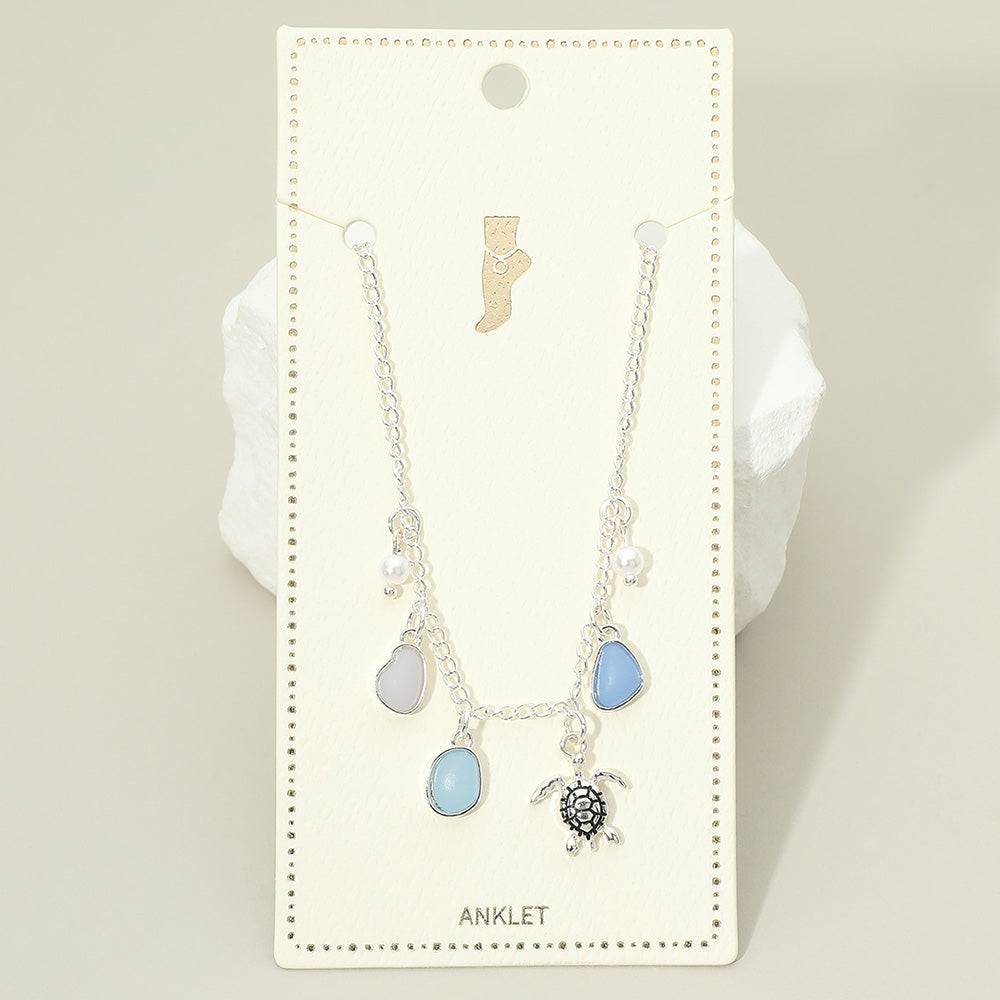 Sea Turtle Sea Glass Pearl Charm Station Anklet