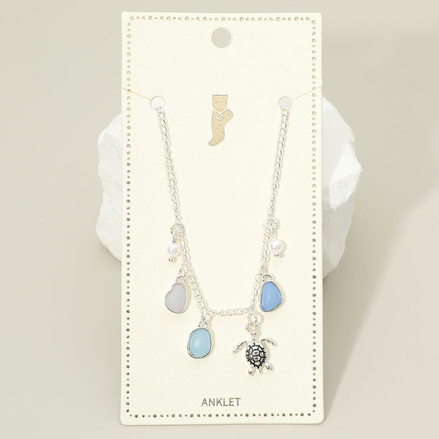 Sea Turtle Sea Glass Pearl Charm Station Anklet
