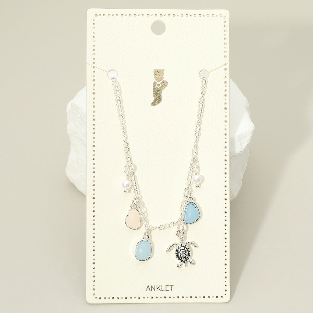 Sea Turtle Sea Glass Pearl Charm Station Anklet