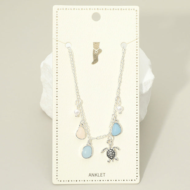 Sea Turtle Sea Glass Pearl Charm Station Anklet