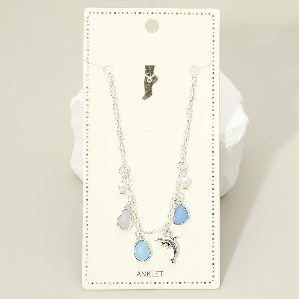 Dolphin Sea Glass Pearl Charm Station Anklet