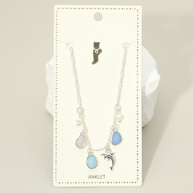 Dolphin Sea Glass Pearl Charm Station Anklet