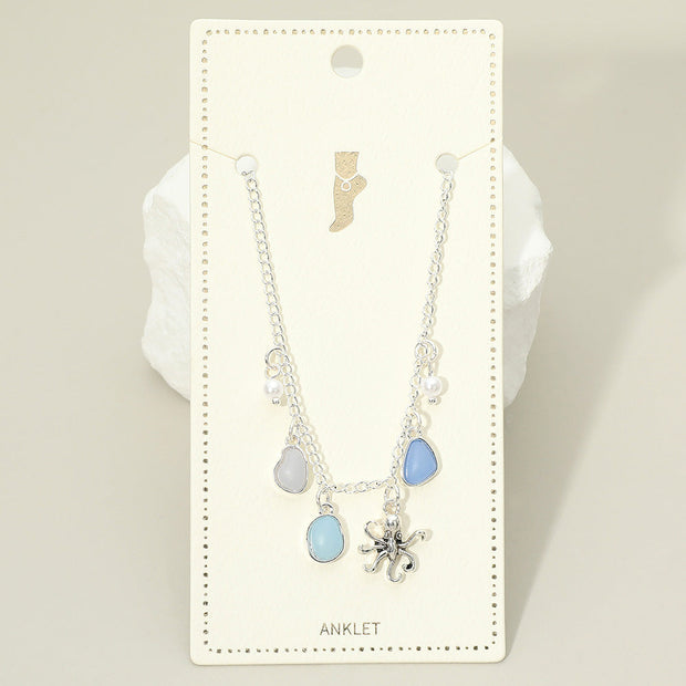 Octopus Sea Glass Pearl Charm Station Anklet