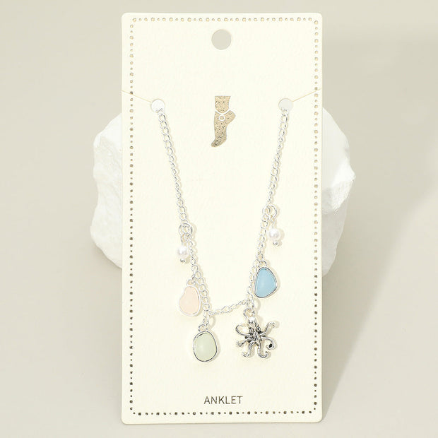 Octopus Sea Glass Pearl Charm Station Anklet