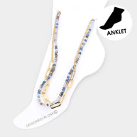Faceted Beaded Open Metal Oval Link Double Layered Anklet