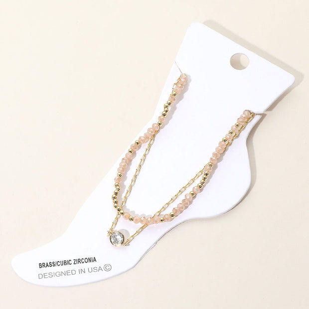 CZ Stone Bezel Accent Paperclip Chain Faceted Beaded Layered Anklet
