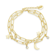 CZ, Moon, & Star Double Chain Bracelet