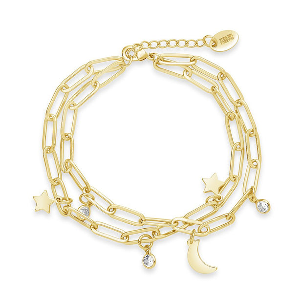 CZ, Moon, & Star Double Chain Bracelet