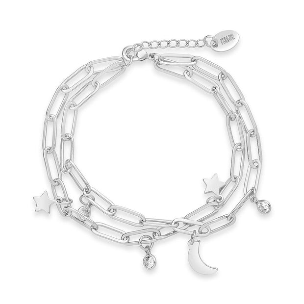 CZ, Moon, & Star Double Chain Bracelet