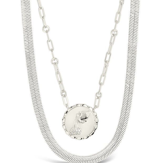 Bold Link Zodiac Necklace & Herringbone Chain Necklace Set