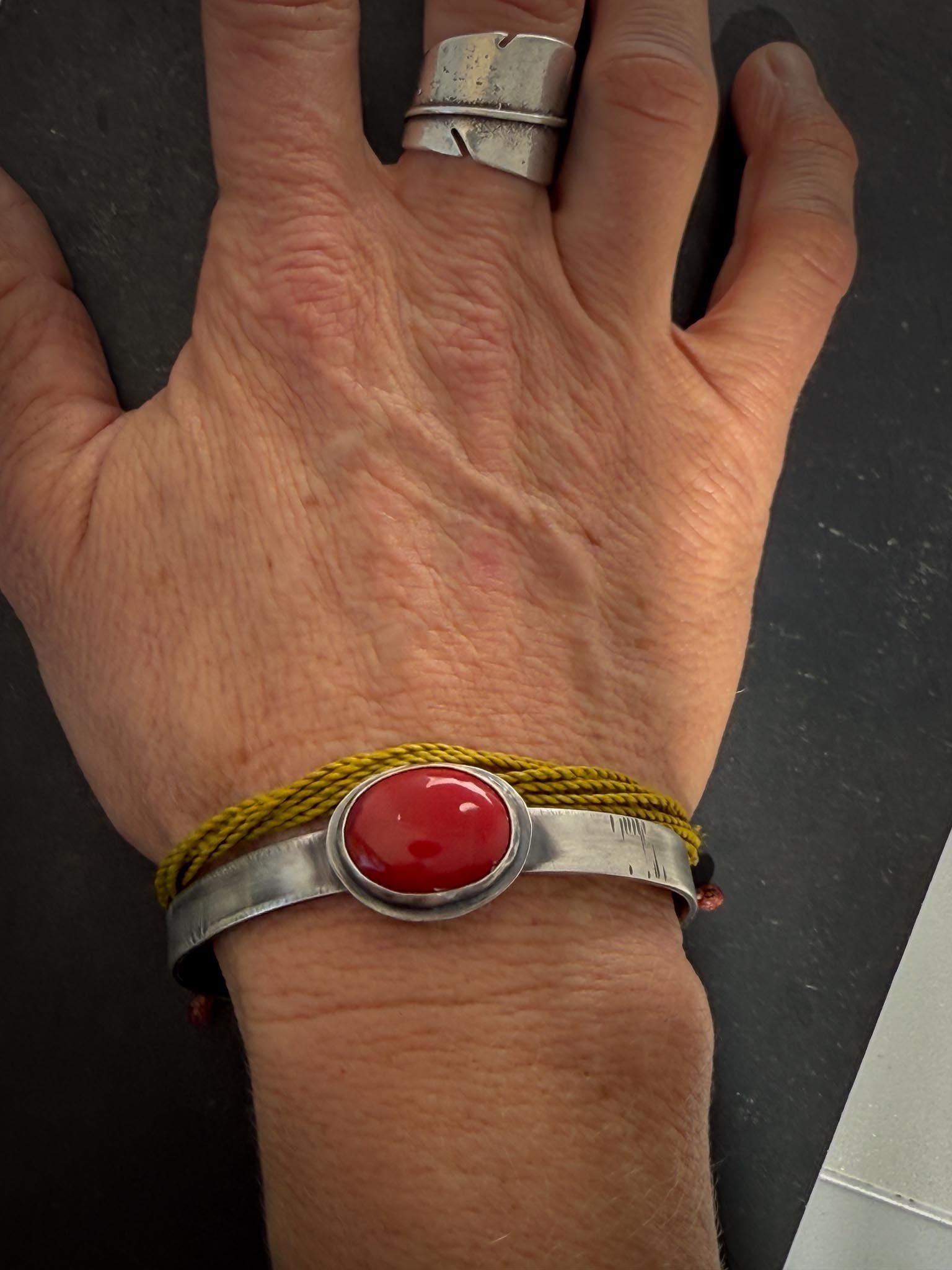 Rosarita Cuff Bracelet | Sterling Silver Red Stone Talisman | Unisex Oxidized Cuff