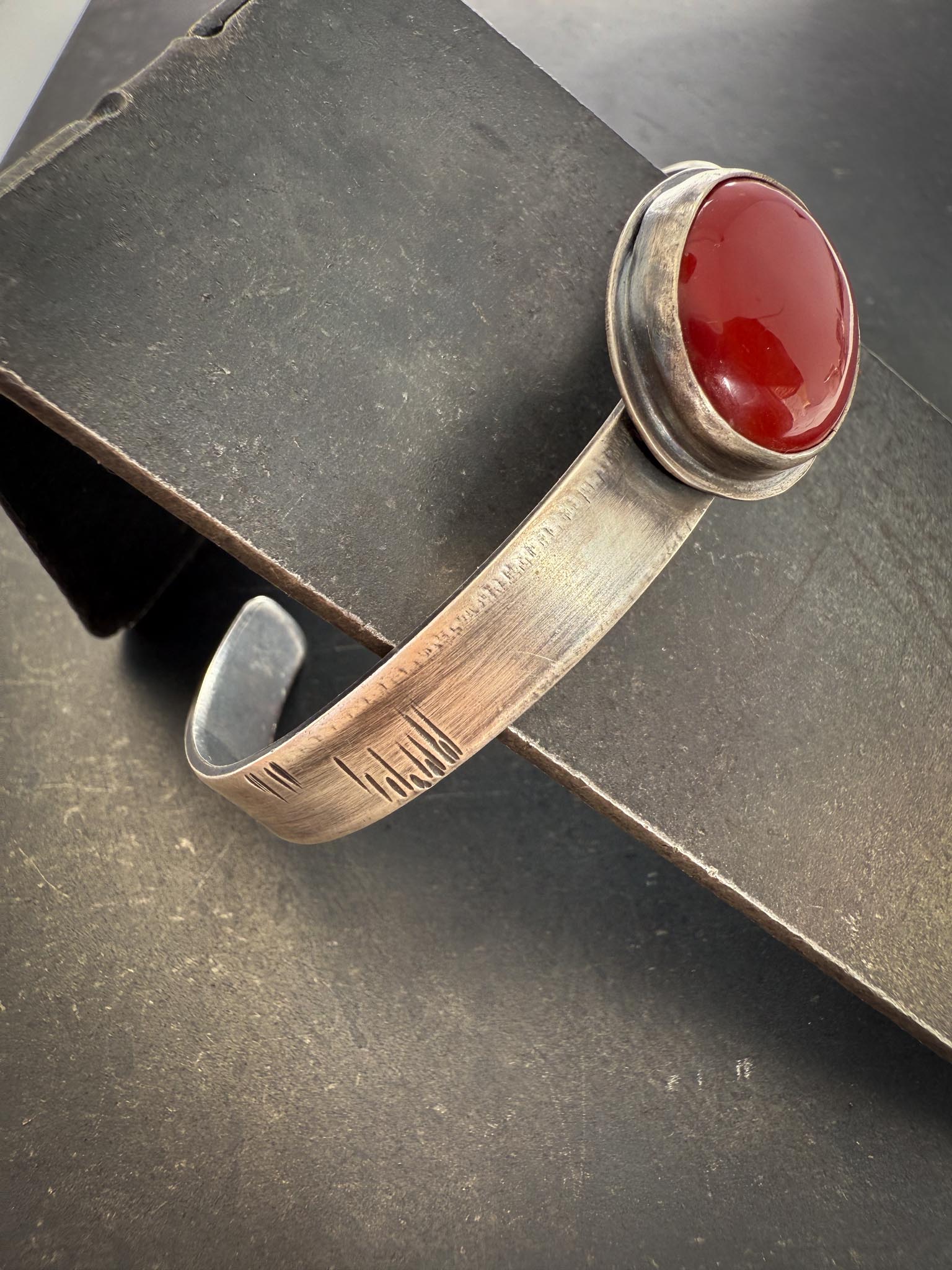 Rosarita Cuff Bracelet | Sterling Silver Red Stone Talisman | Unisex Oxidized Cuff