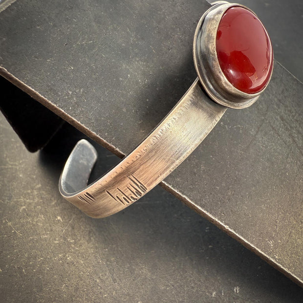 Rosarita Cuff Bracelet | Sterling Silver Red Stone Talisman | Unisex Oxidized Cuff