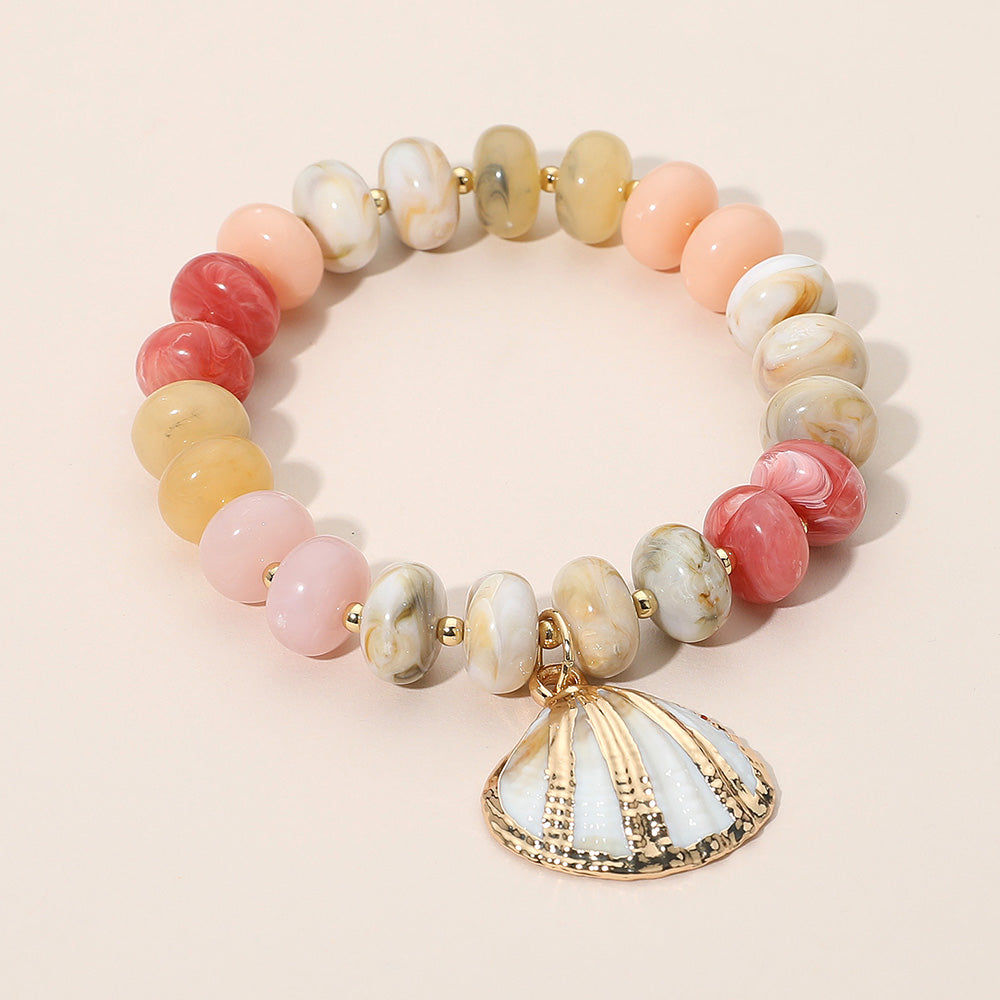 Seashell Charm Accent Resin Pebble Beaded Stretch Bracelet
