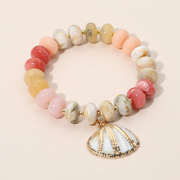 Seashell Charm Accent Resin Pebble Beaded Stretch Bracelet