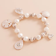 Metal Shell Sand Dollar Pearl Starfish Charm Pearl Beaded Stretch Bracelet
