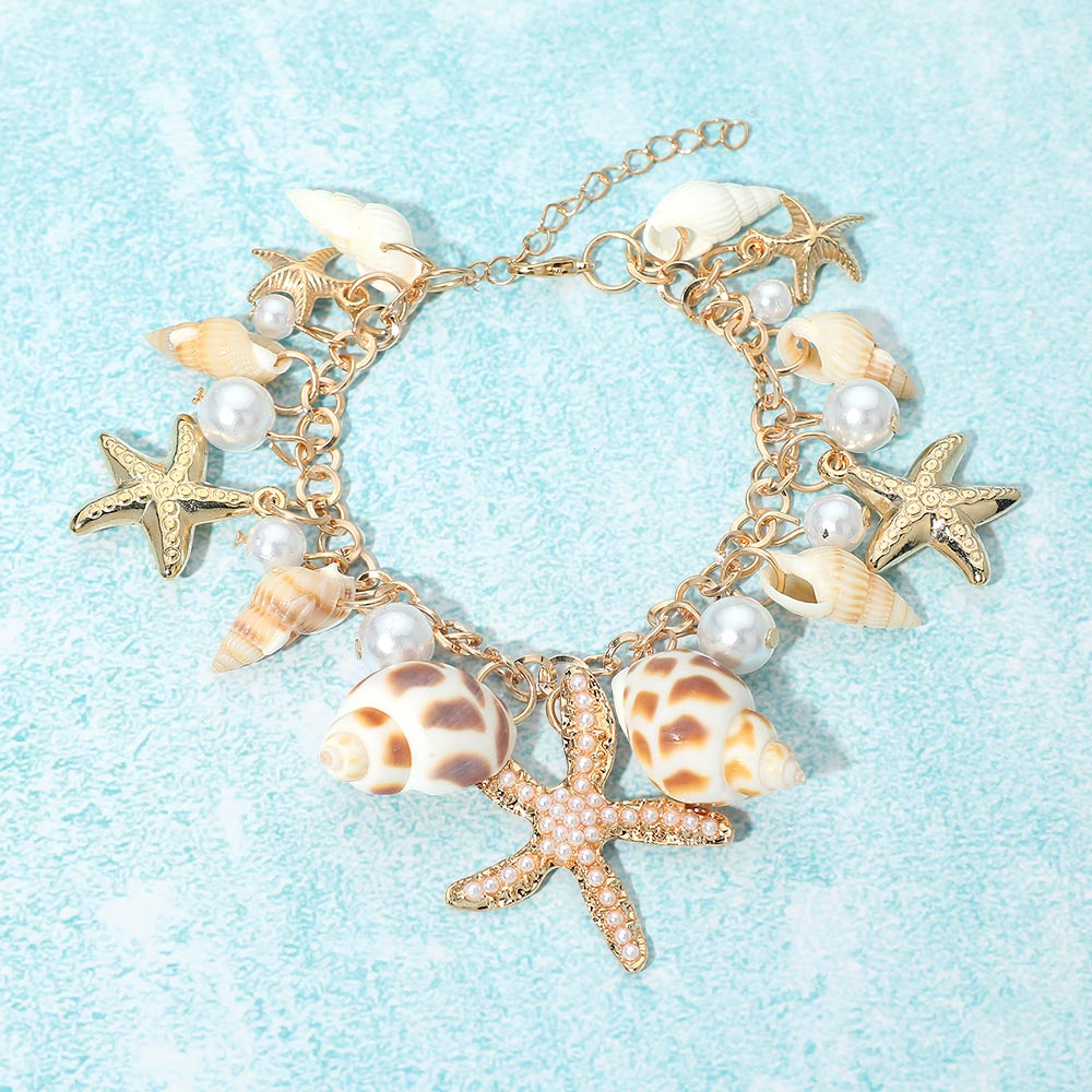 Coastal Shell Starfish Pearl Charm Station Bracelet