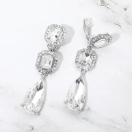Square Halo Teardrop Stone Cluster Link Drop Evening Clip On Earrings