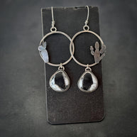 White Buffalo Turquoise Hoop Earrings in Sterling Silver with Hand-Sawn Saguaro Cactus Design