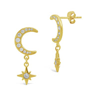Sterling Silver CZ Crescent & Star Drop Studs
