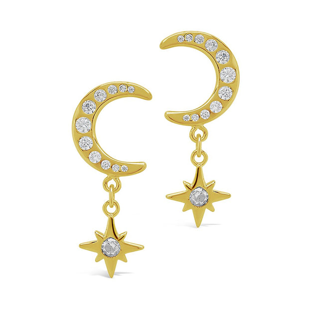 Sterling Silver CZ Crescent & Star Drop Studs