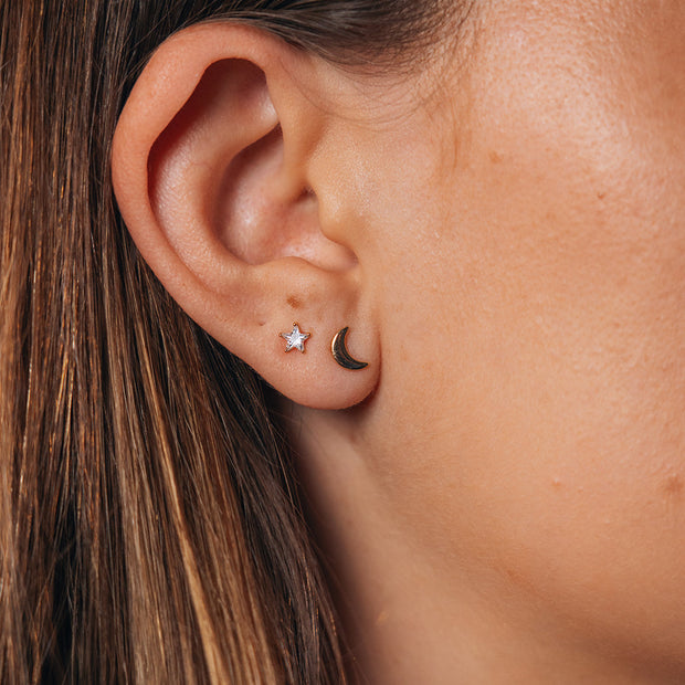 Sterling Silver Crescent & CZ Star Stud Set