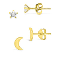Sterling Silver Crescent & CZ Star Stud Set