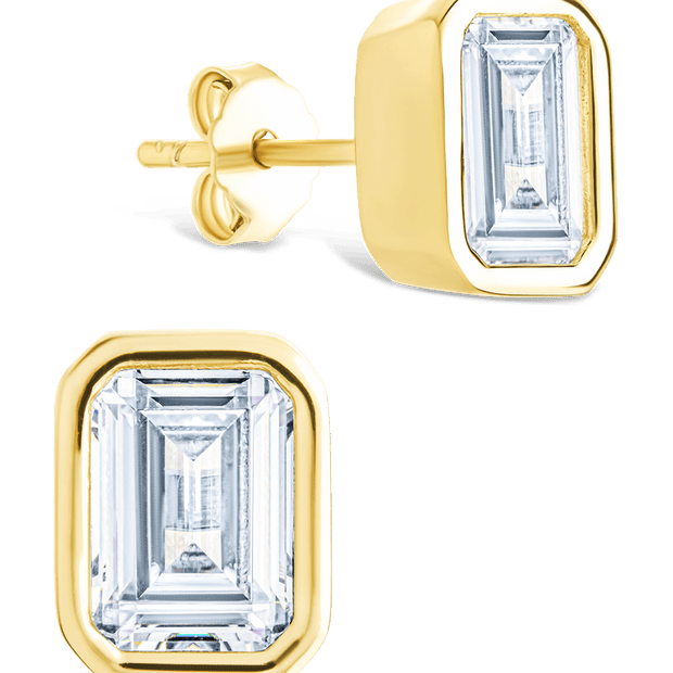 Sterling Silver Emerald Cut Bezel Set Stud Earrings