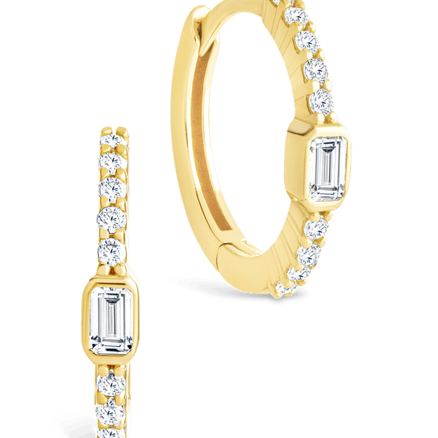 Sterling Silver Emerald Cut Bezel Set Huggie Hoop Earrings
