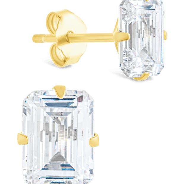 Sterling Silver Emerald Cut Prong Set Stud Earrings