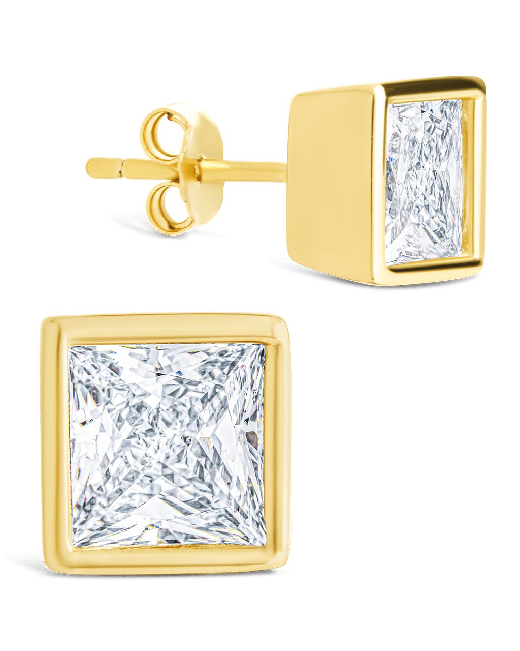 Sterling Silver Princess Cut Bezel Set Stud Earrings