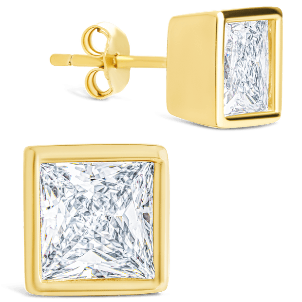 Sterling Silver Princess Cut Bezel Set Stud Earrings