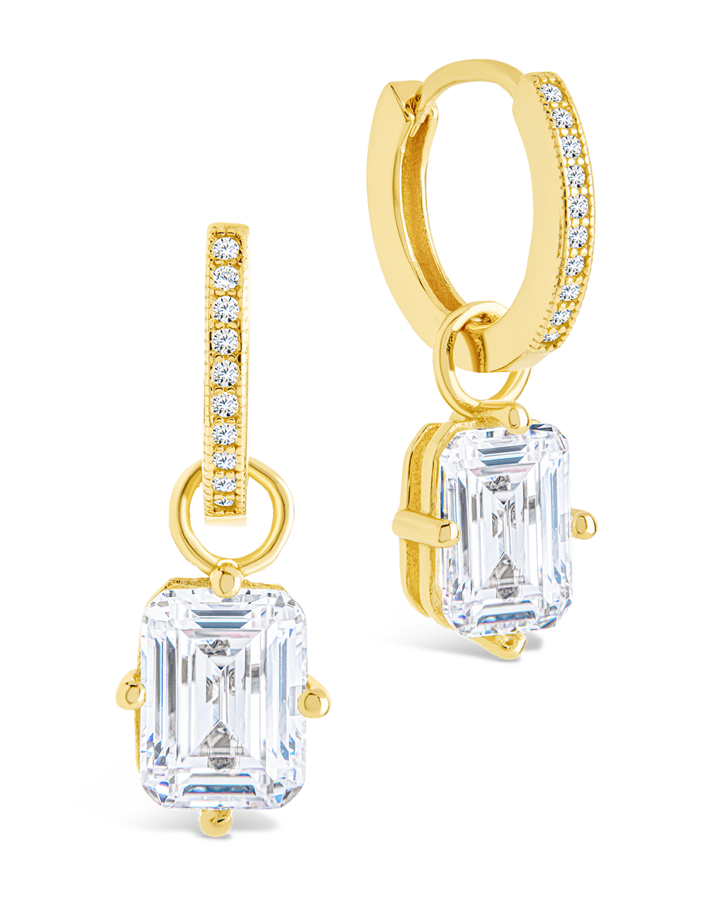 Sterling Silver Emerald Cut CZ Micro Hoop Dangle Earrings