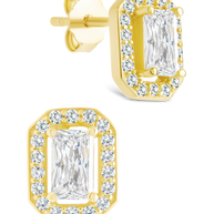 Sterling Silver Emerald Cut Brilliant Halo Studs