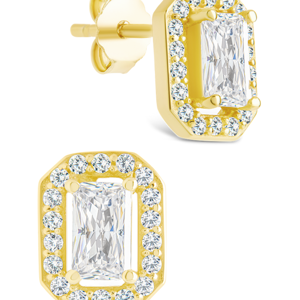 Sterling Silver Emerald Cut Brilliant Halo Studs
