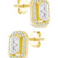 Sterling Silver Emerald Cut Brilliant Halo Studs