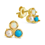 Bermuda Opal, Pearl, & Turquoise Triple Stud Earrings