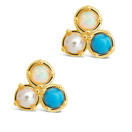 Bermuda Opal, Pearl, & Turquoise Triple Stud Earrings