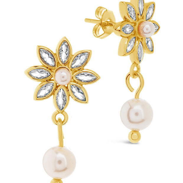 Esti CZ Flower & Pearl Drop Stud Earrings
