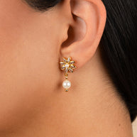 Esti CZ Flower & Pearl Drop Stud Earrings