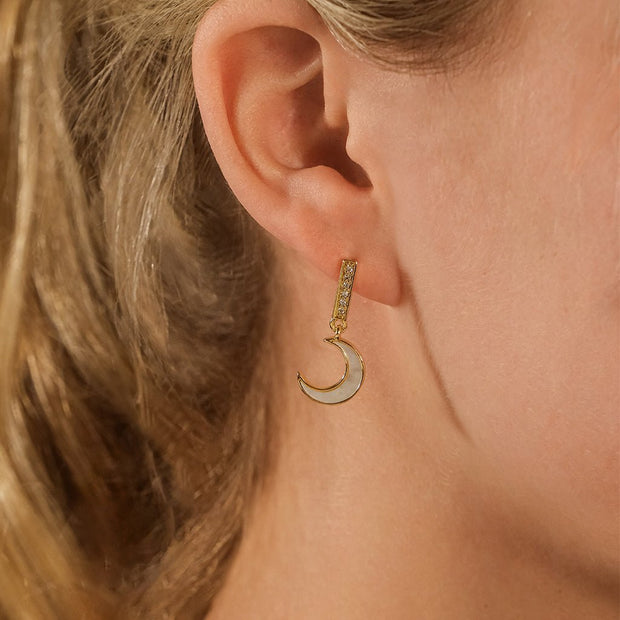 Valeria CZ & Moonstone Crescent Drop Stud Earrings