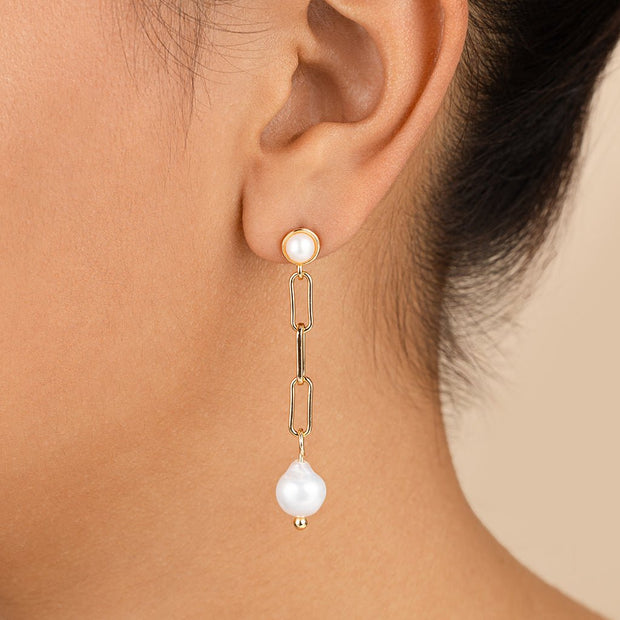 Fayelynn Pearl & Chain Drop Stud Earrings