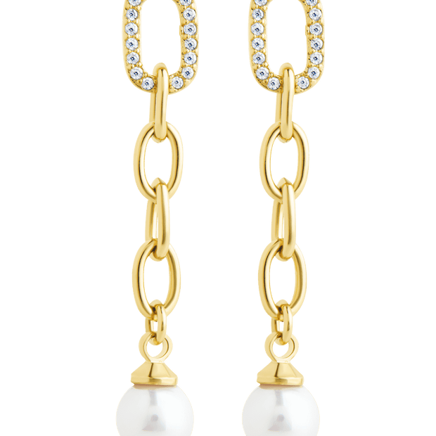 Daphne CZ & Pearl Chain Drop Stud Earrings