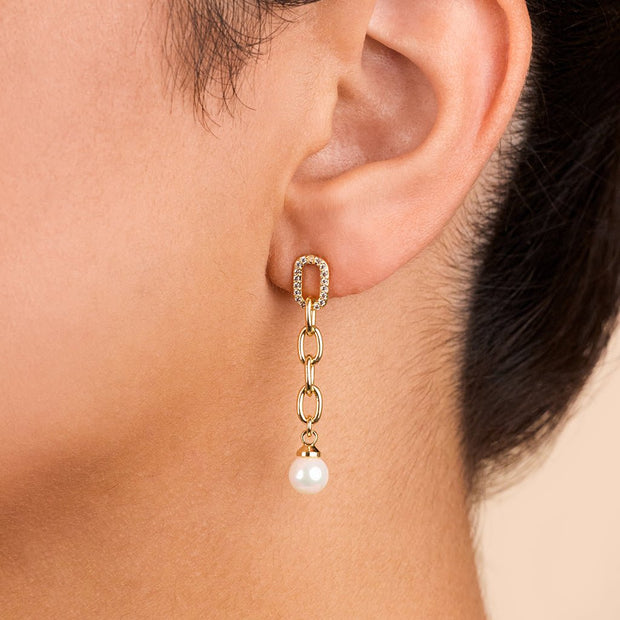 Daphne CZ & Pearl Chain Drop Stud Earrings