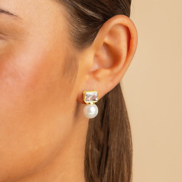 Hilda Pearl & Emerald Cut CZ Studs